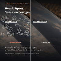 Même tôle comparée : à gauche les auréoles de calcaire d'un séchage à l'air libre, à droite une surface nette