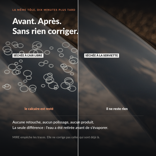 Même tôle comparée : à gauche les auréoles de calcaire d'un séchage à l'air libre, à droite une surface nette