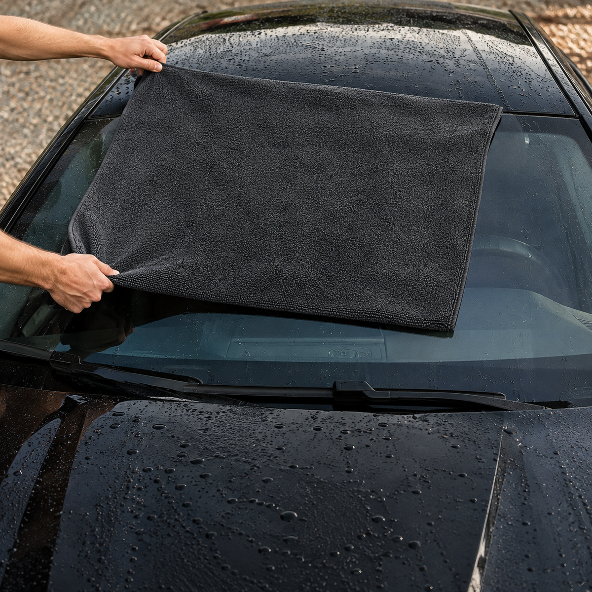 Deux mains posent la serviette MIRE à plat sur le pare-brise d'une berline noire, avant de descendre vers le capot